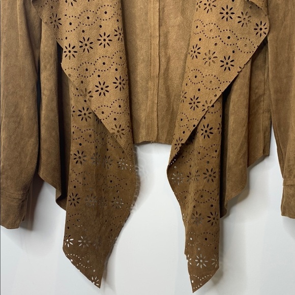 American Rag | Chestnut Brown Faux Suede Open Front Laser-cut Waterfall Top L - Picture 13 of 17